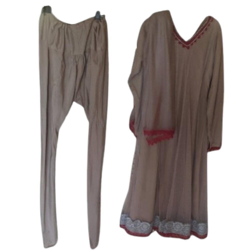 Beige Red Salwar Kameez and Dupatta Set Fits XL